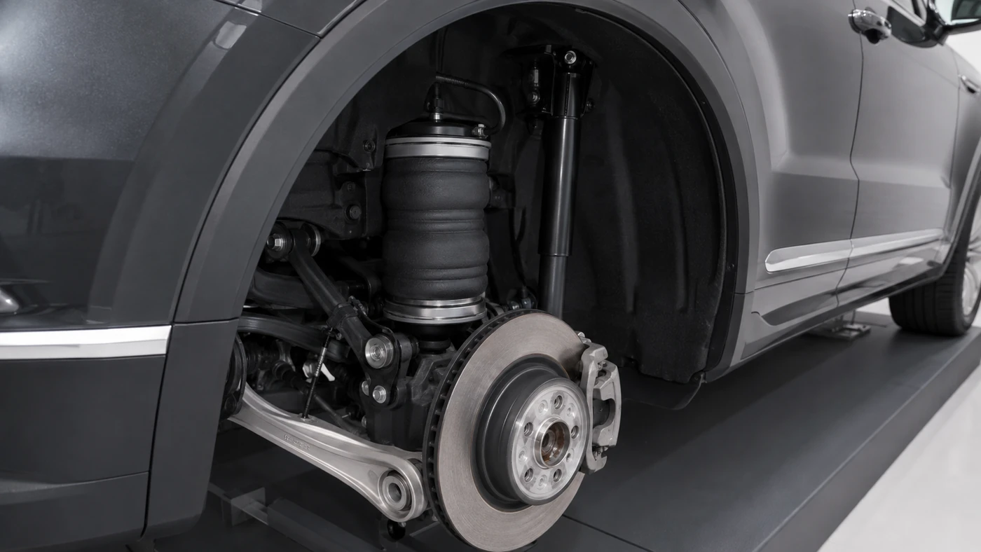 SUV wheel-well cutaway showing a black rubber air spring beside a separate telescopic damper and brake disc