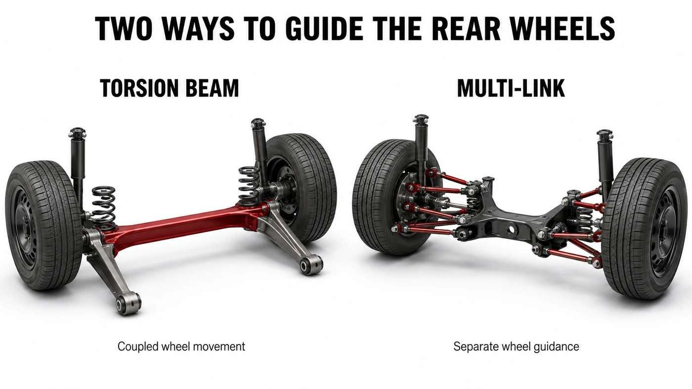 Suspension Basics comparison of a torsion-beam rear axle and separate multi-link wheel guidance