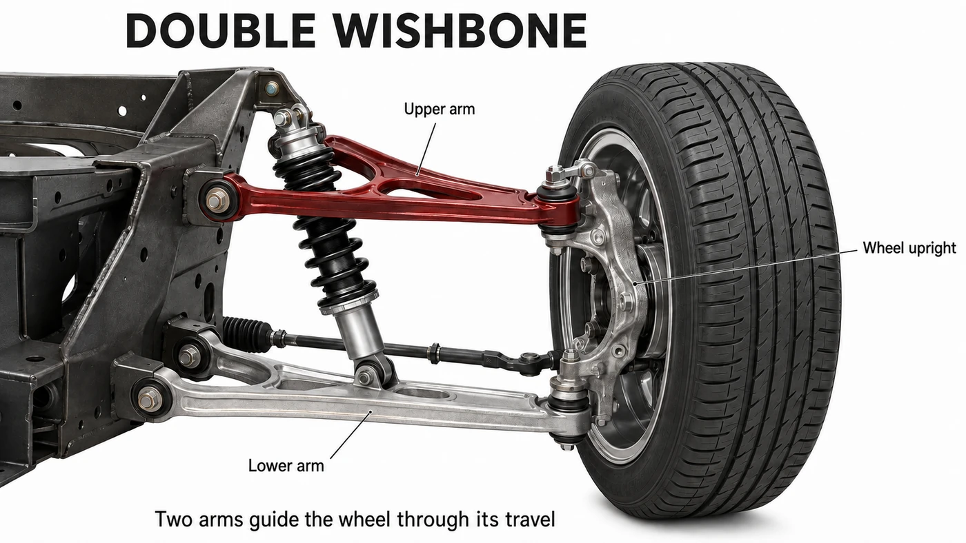 Double-wishbone suspension corner with upper arm, lower arm and wheel upright labeled