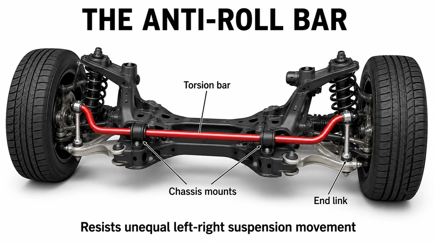 Red anti-roll bar mounted across a suspension subframe with chassis bushings and an end link labeled