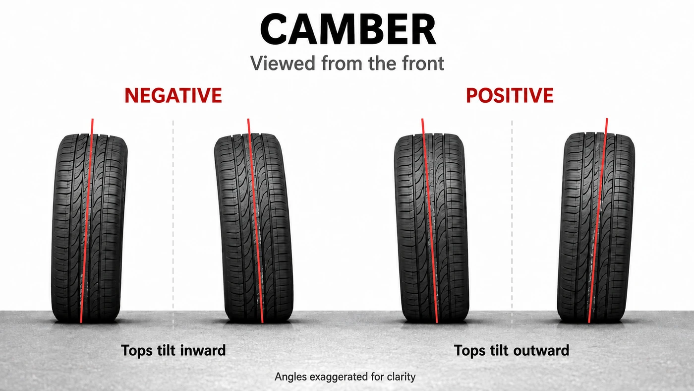 Front-view tire pairs with negative camber leaning inward at the top and positive camber leaning outward