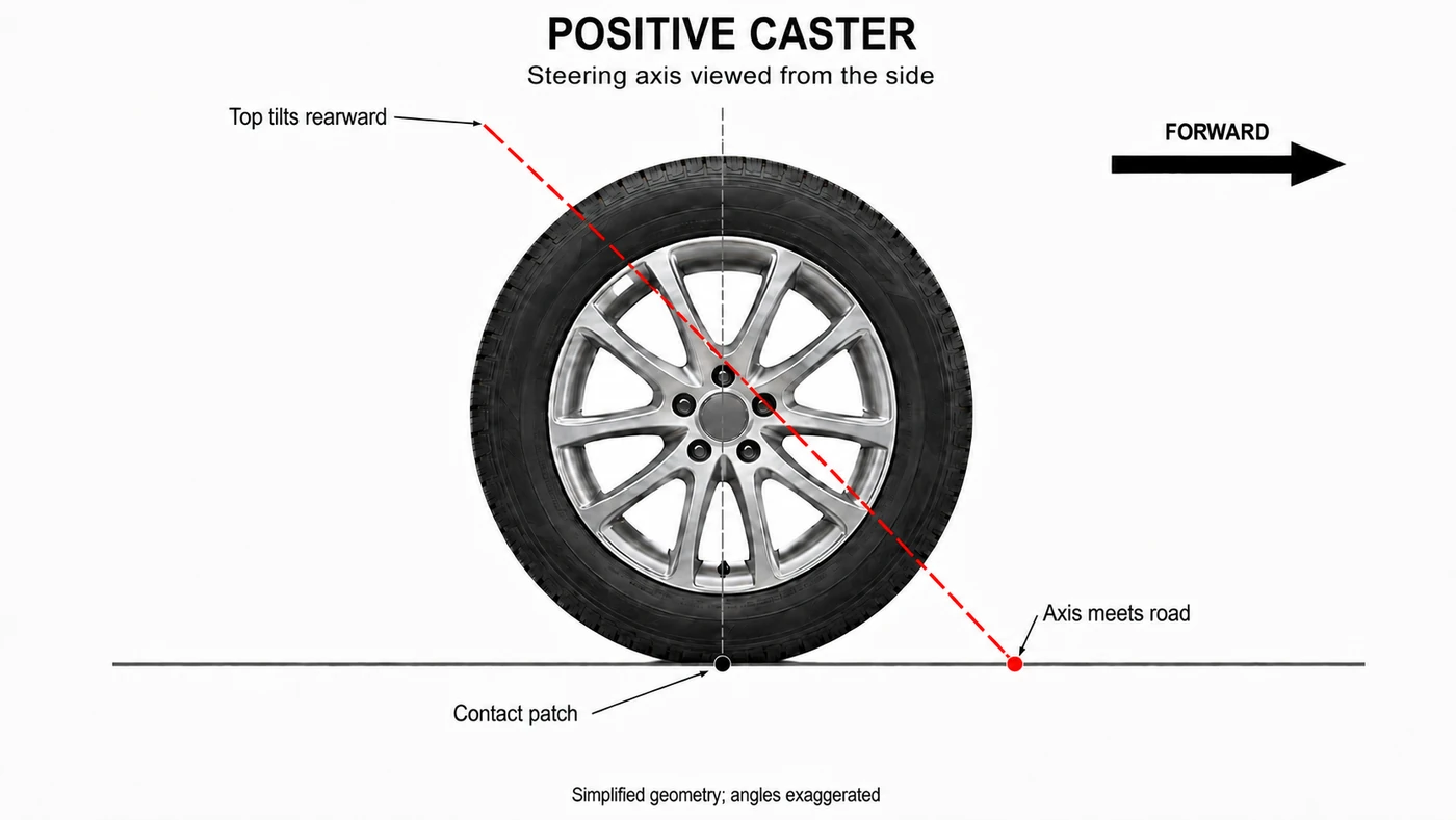 Side-view wheel with a positive-caster steering axis leaning rearward at the top and meeting the road ahead of the contact patch