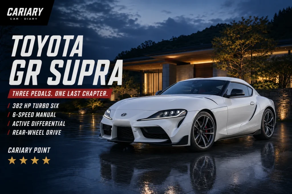 Toyota GR Supra editorial cover with four-star Cariary Point rating