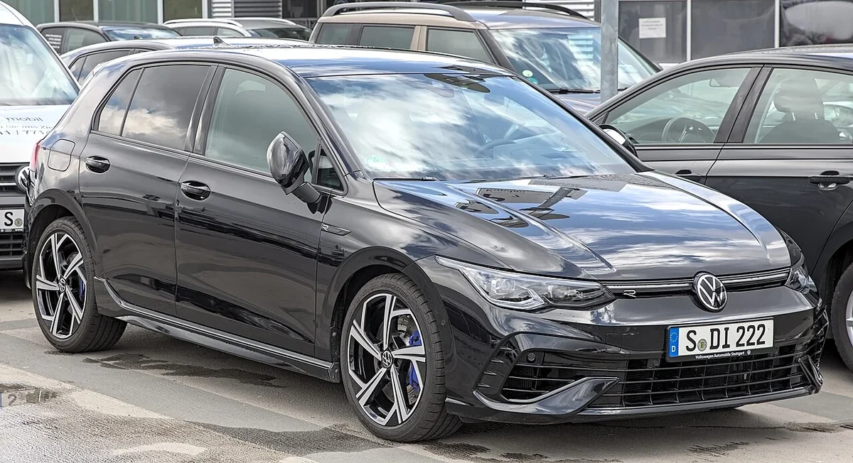 Dark early Mk8 Volkswagen Golf R parked in Germany