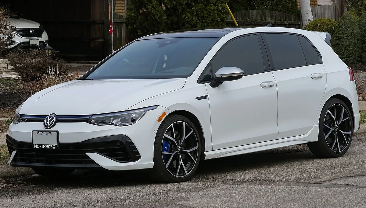 2022 Volkswagen Golf R in Pure White, front three-quarter view