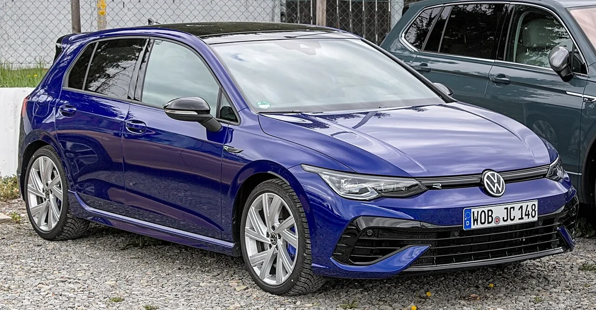 Blue Volkswagen Golf R Mk8 front and side profile