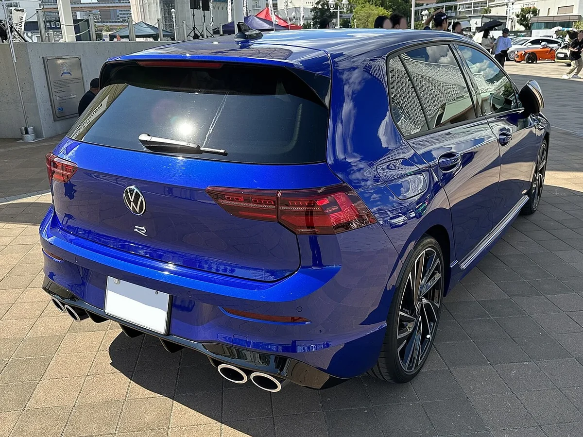 Blue Volkswagen Golf R Mk8 rear view in Japan
