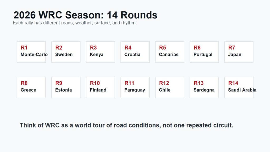 WRC season calendar graphic showing 14 rally rounds