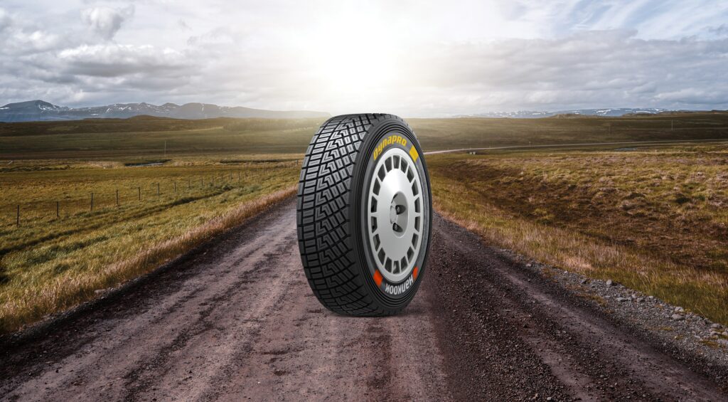 Hankook WRC rally tire shown on a gravel road