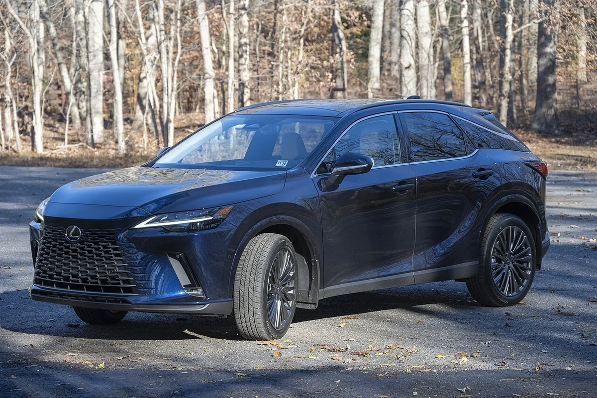 Lexus RX Review: blue 2026 RX 450h+ front three-quarter view