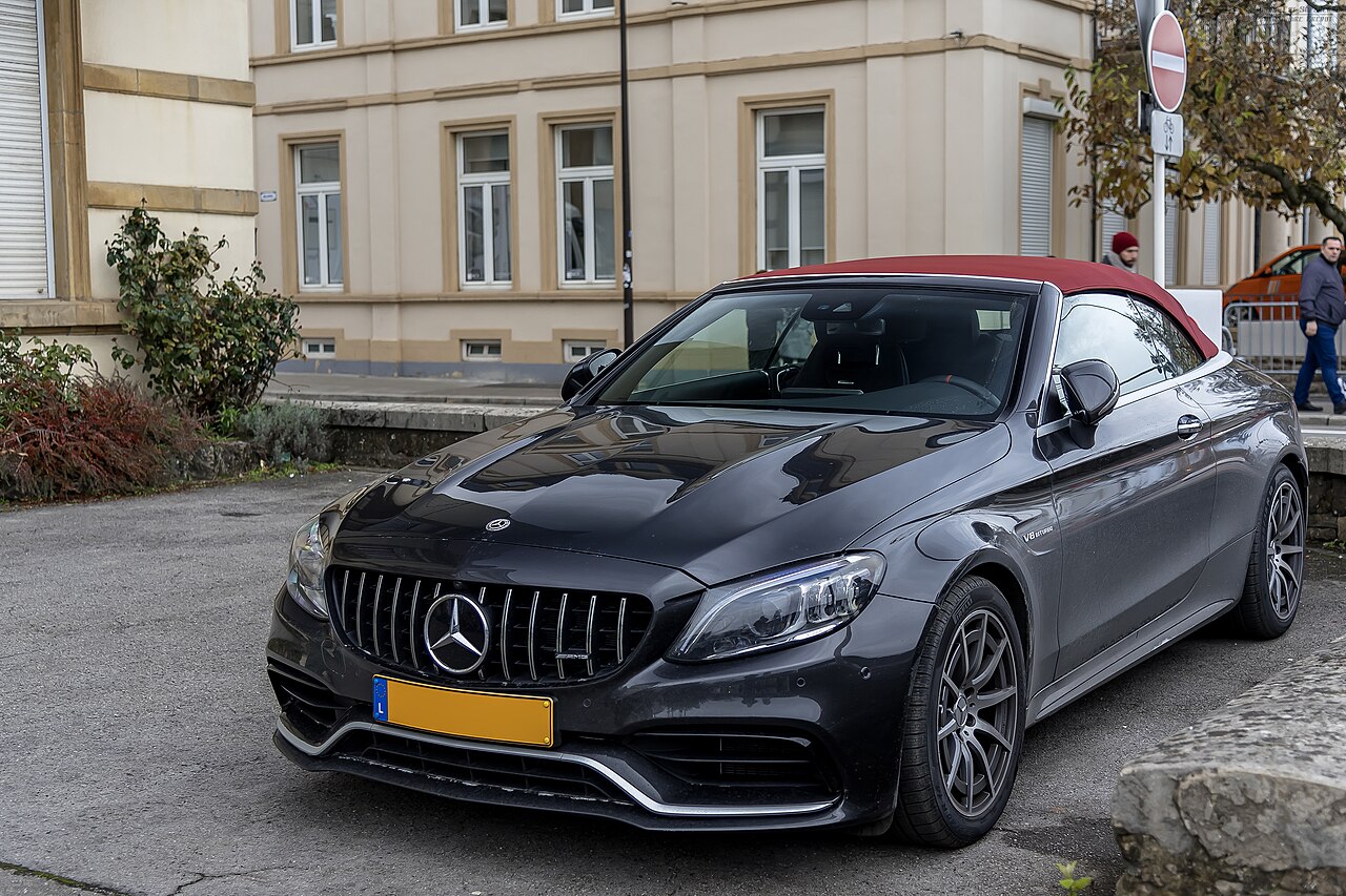 Grey A205 Mercedes-AMG C 63 Cabriolet with red fabric roof