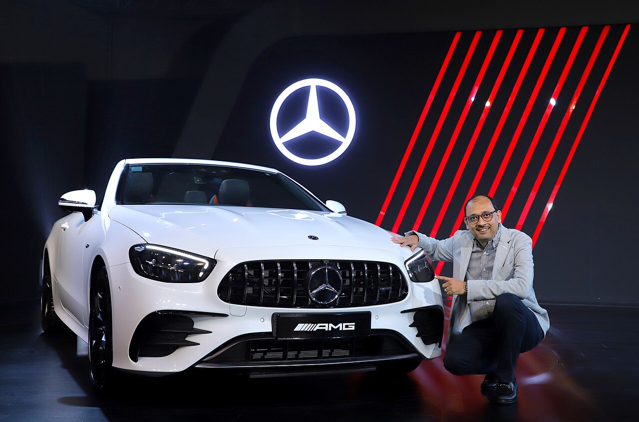 White facelift Mercedes-AMG E 53 Cabriolet at a launch event