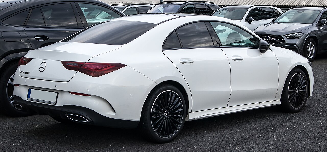 White facelift C118 CLA 200 rear three-quarter view