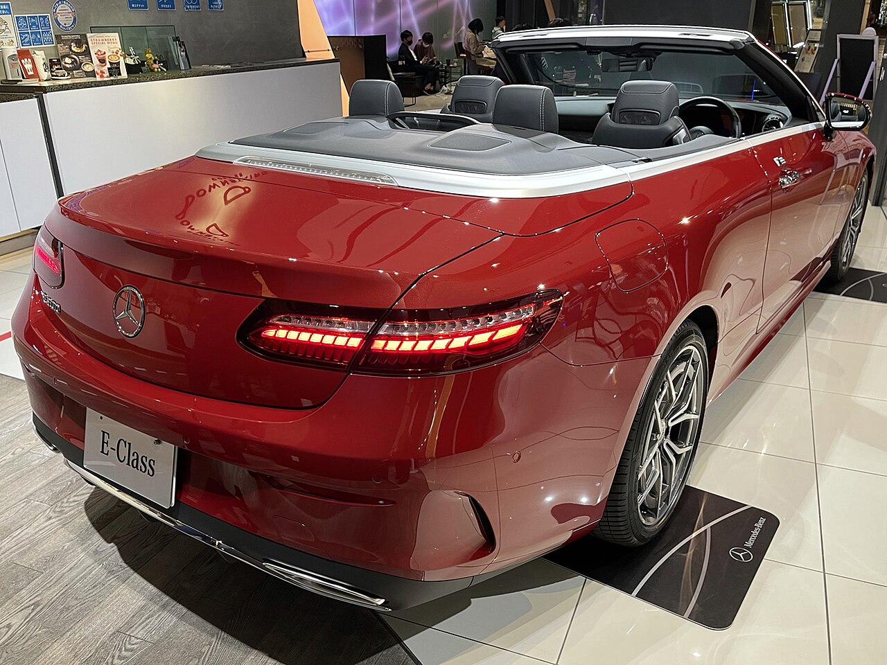 Red facelift A238 E 200 Cabriolet rear view