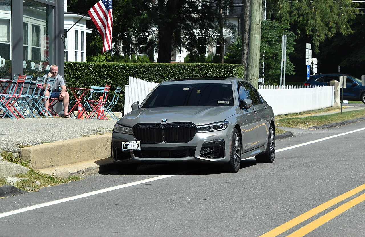 Silver facelift BMW 750i xDrive on a US road
