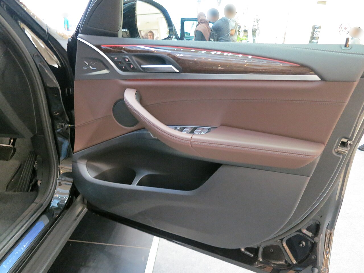 Brown-trimmed door panel of an early BMW X3 xDrive30i display car
