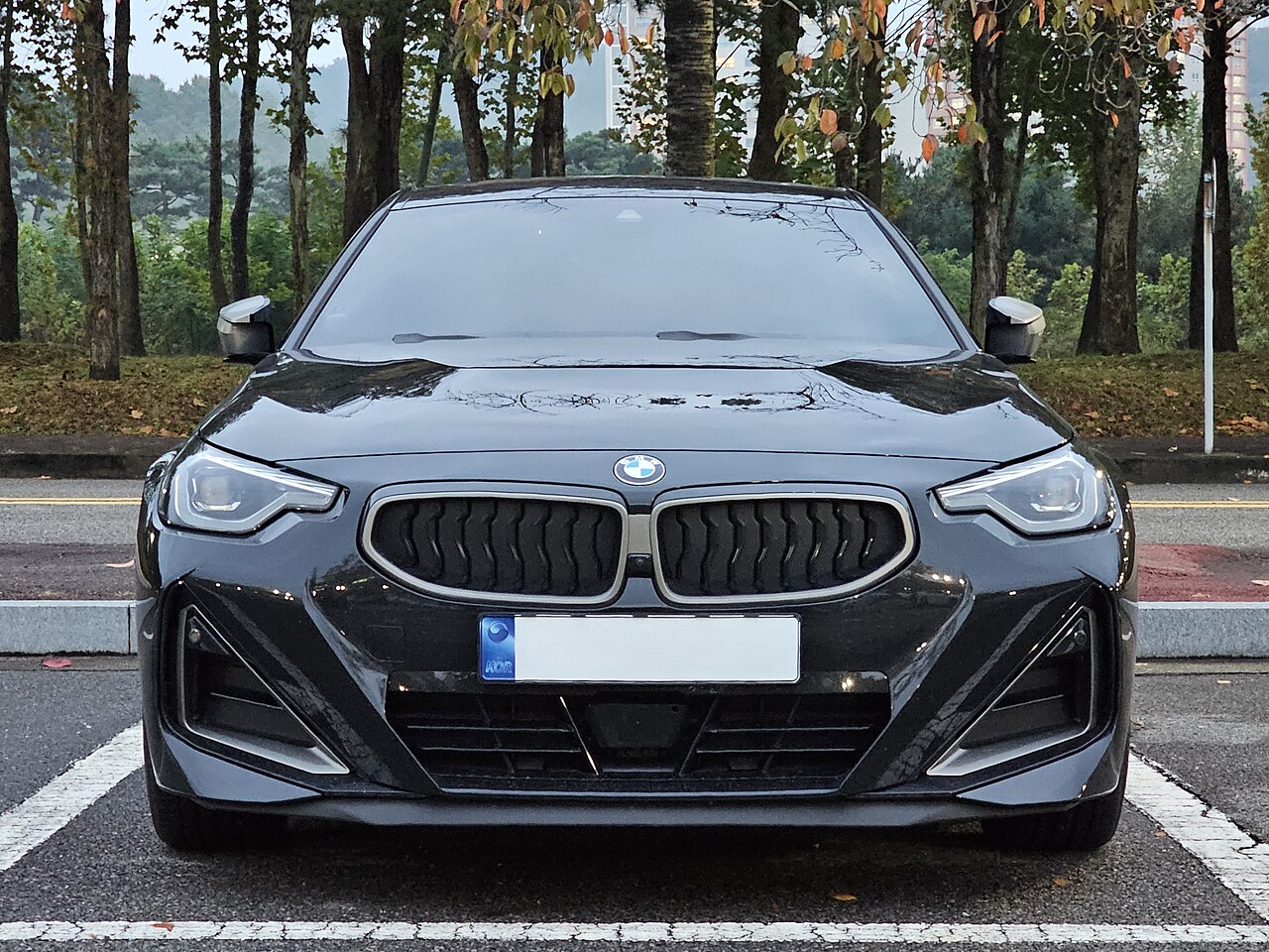 Black BMW M240i G42 Coupe direct front view