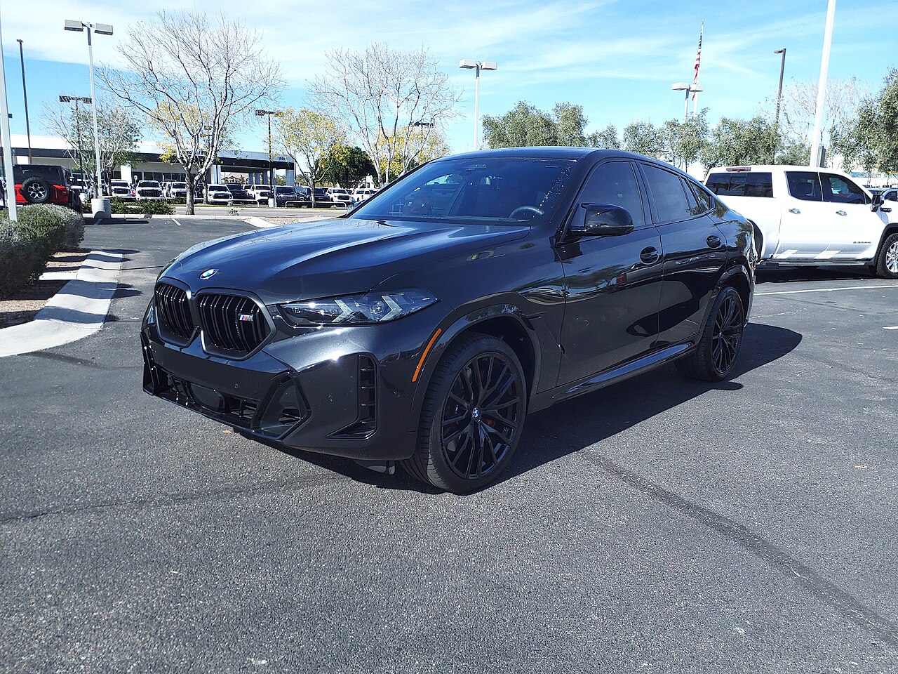 Dark BMW X6 M60i G06 facelift front and side