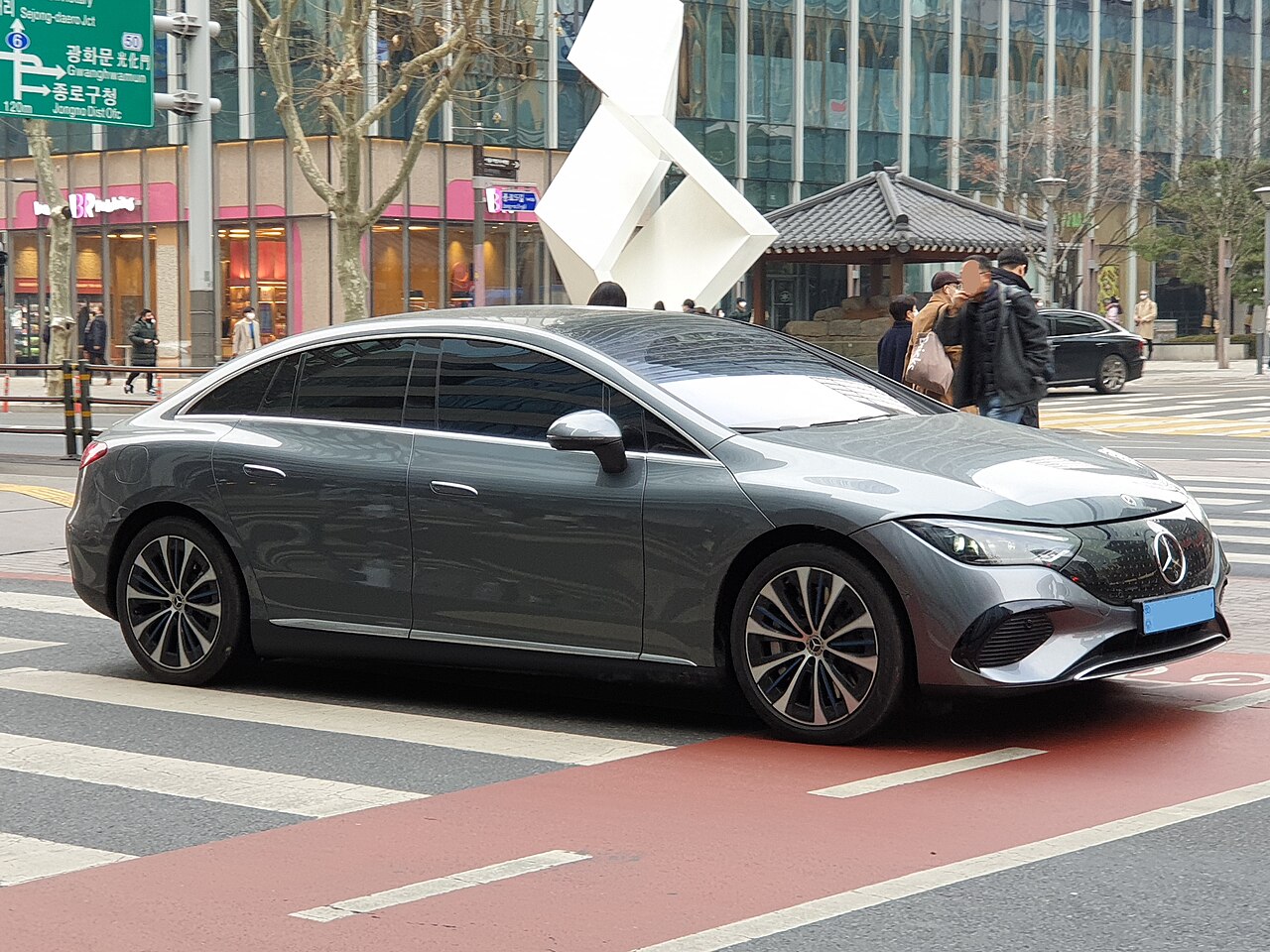 Grey Mercedes-Benz EQE 350+ V295 sedan front and side
