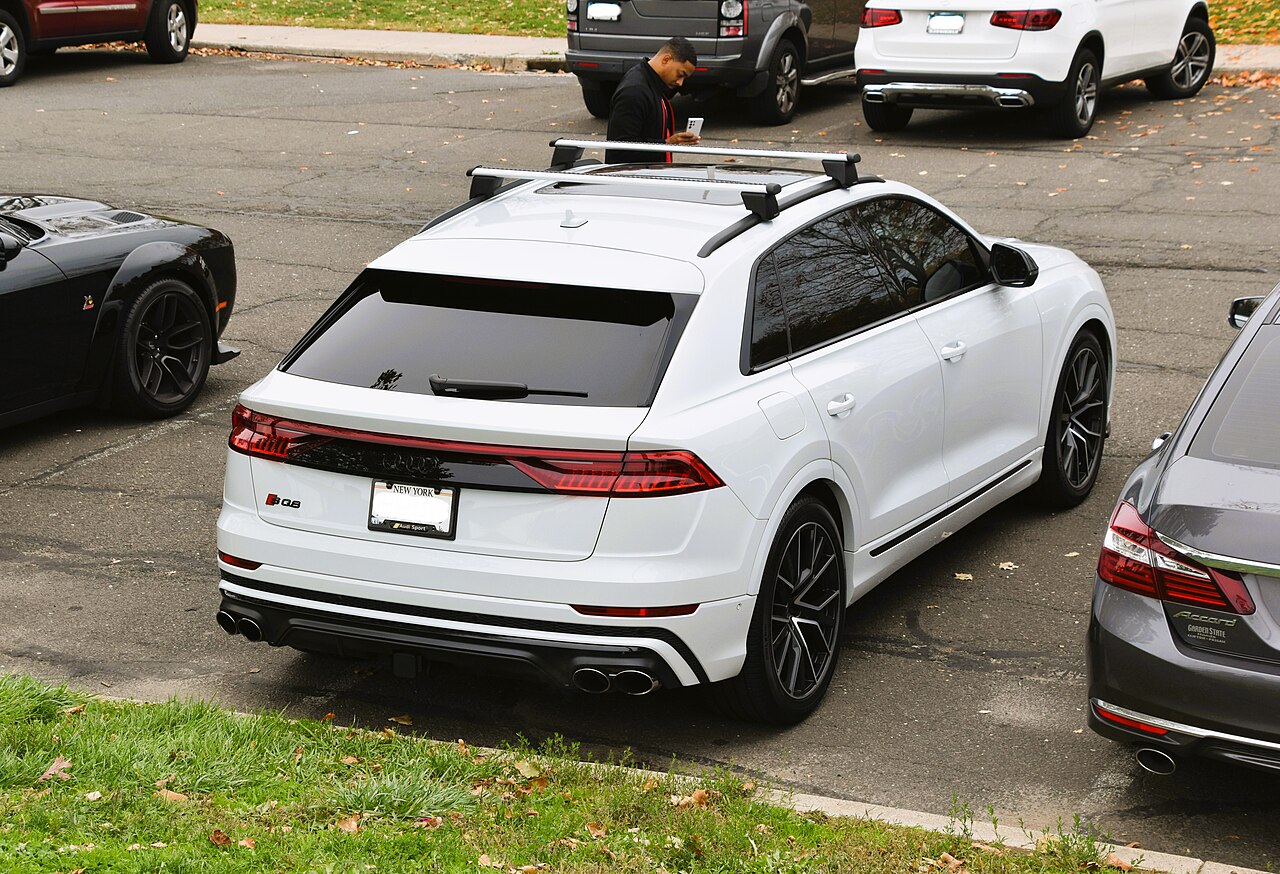 White 2021 Audi SQ8 TFSI rear with roof bars