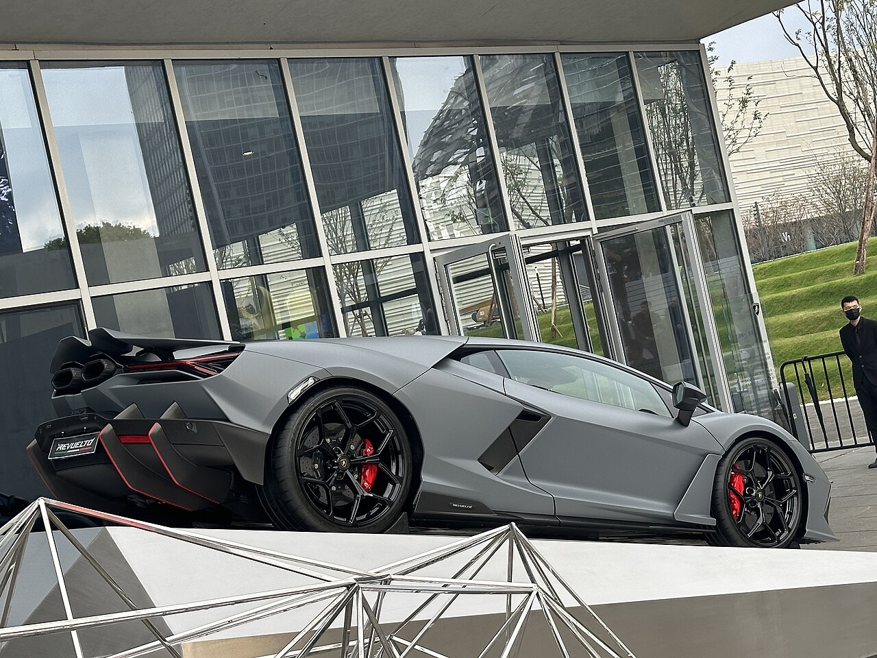 Grey Lamborghini Revuelto rear and side