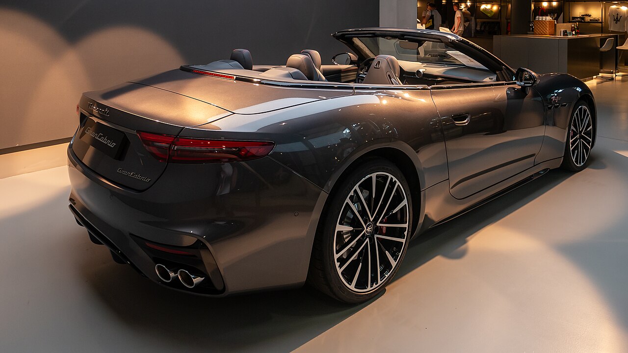 Grey Maserati GranCabrio Trofeo rear with roof down