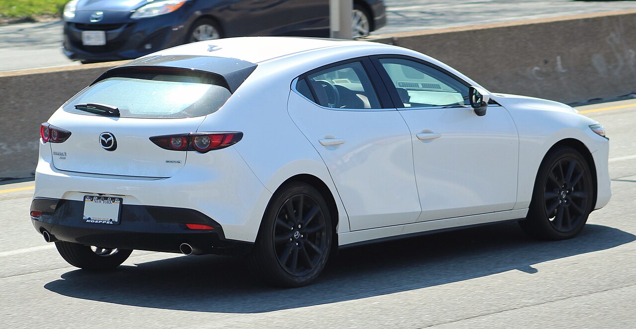 White 2021 Mazda3 Premium hatchback rear