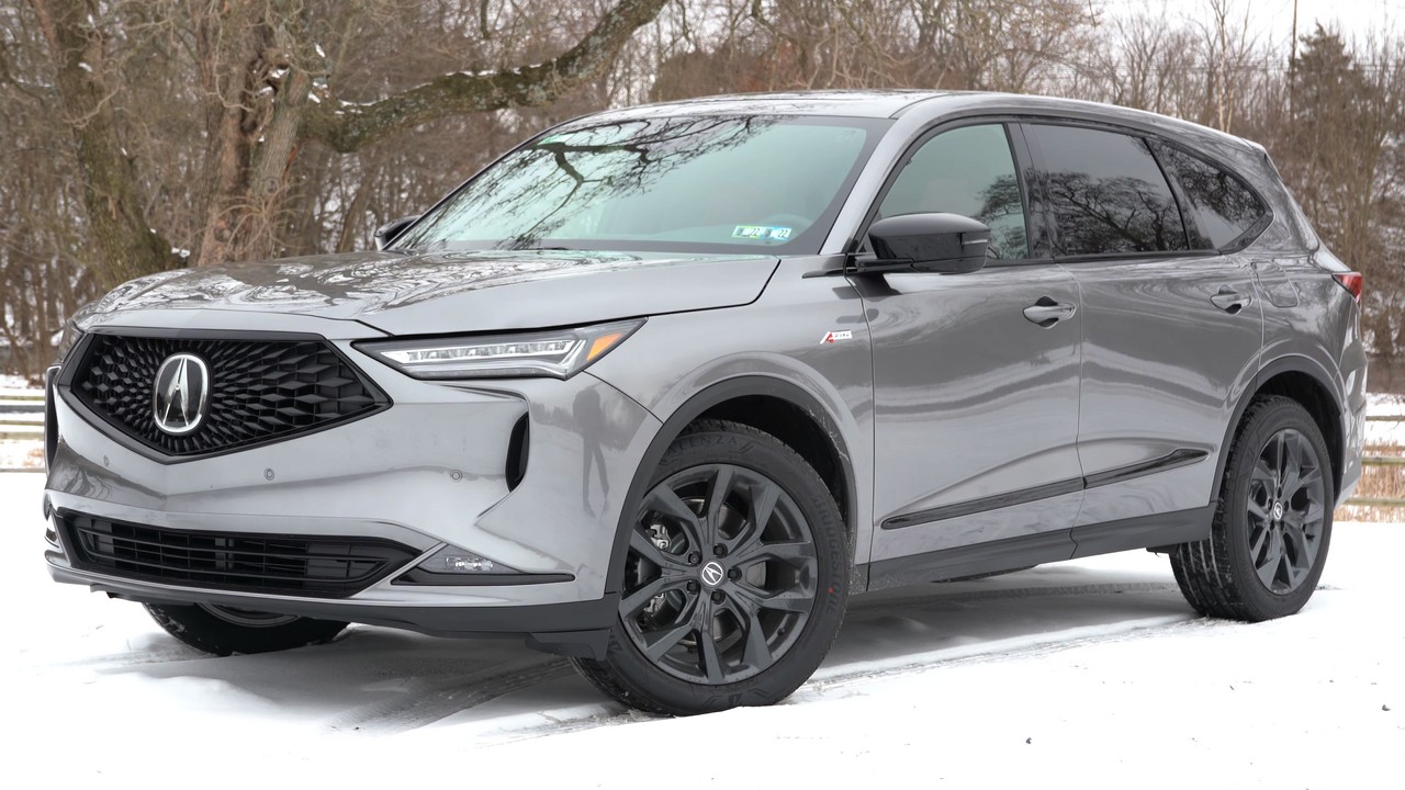 Grey 2022 Acura MDX, front three-quarter view