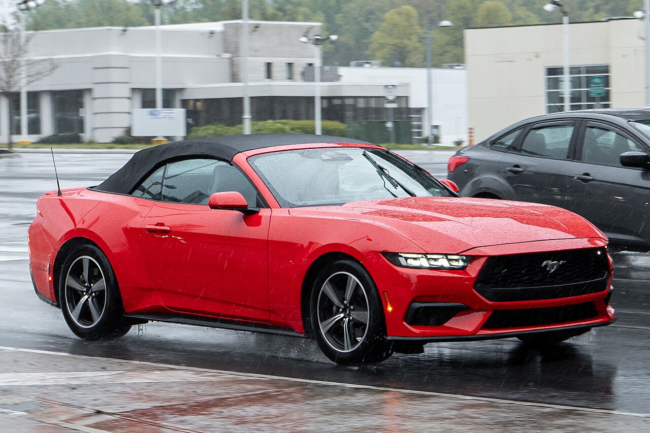 Red Ford Mustang S650 Convertible, front three-quarter view