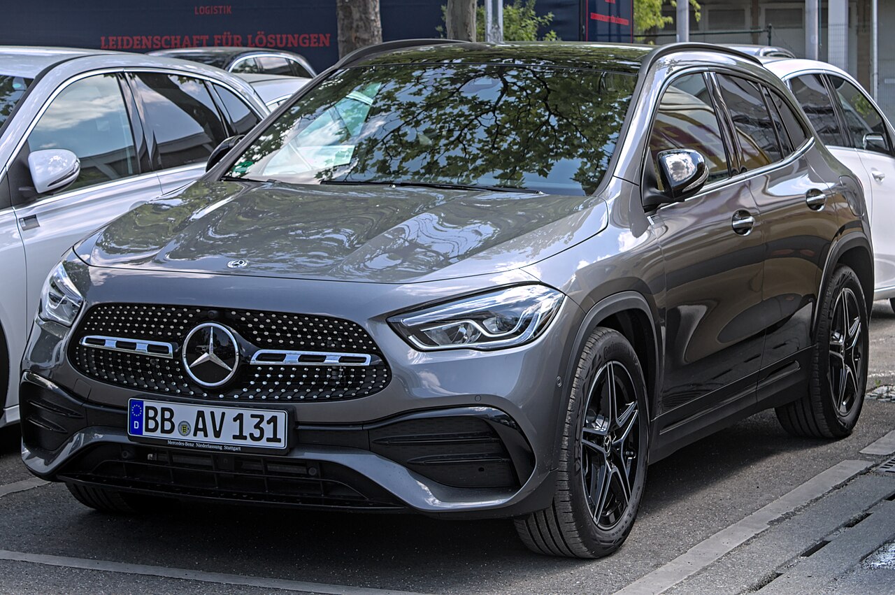 Grey Mercedes-Benz GLA H247, front three-quarter view