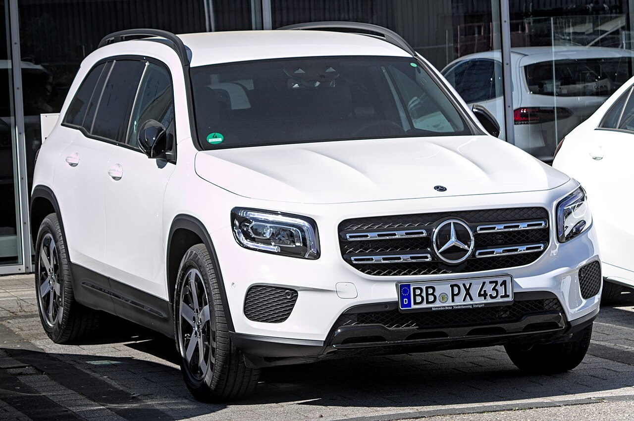 White Mercedes-Benz GLB X247, front three-quarter view