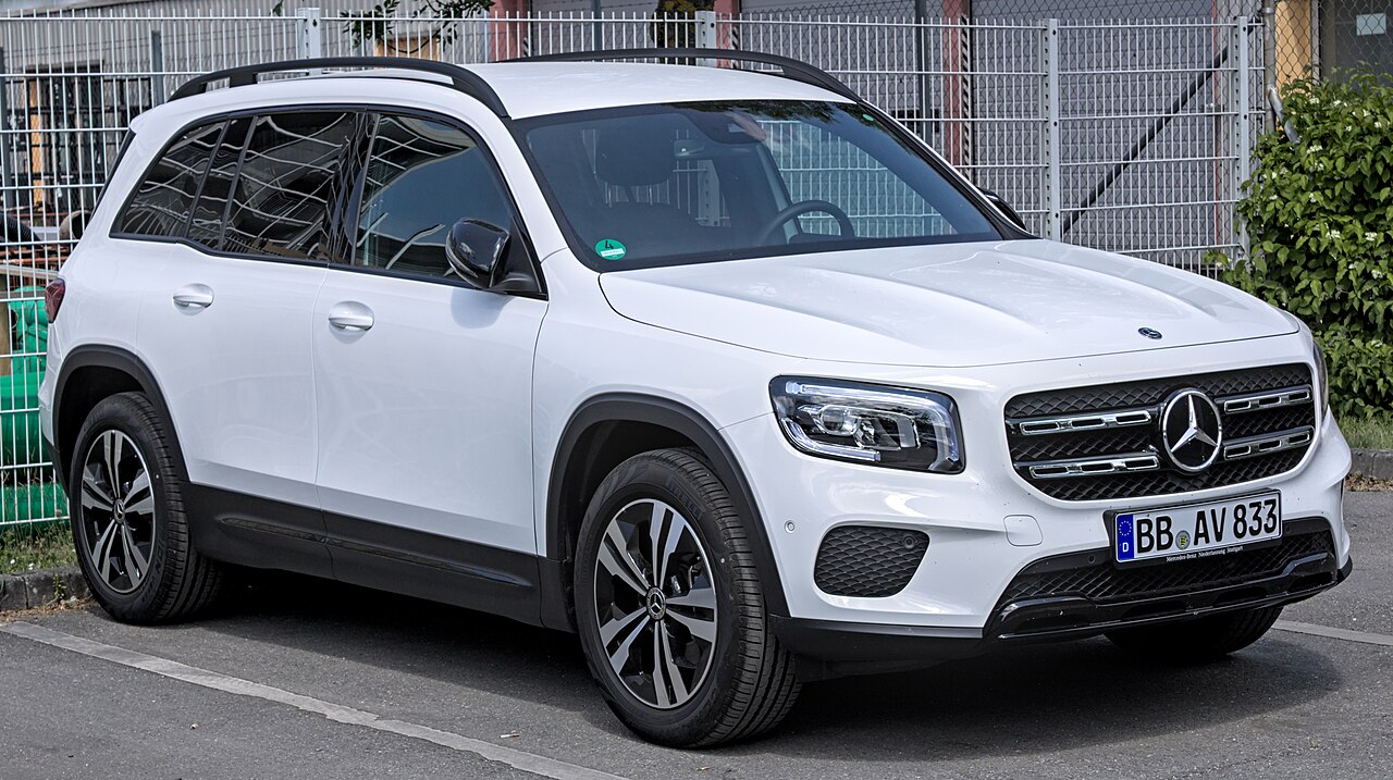 White Mercedes-Benz GLB X247, front three-quarter view