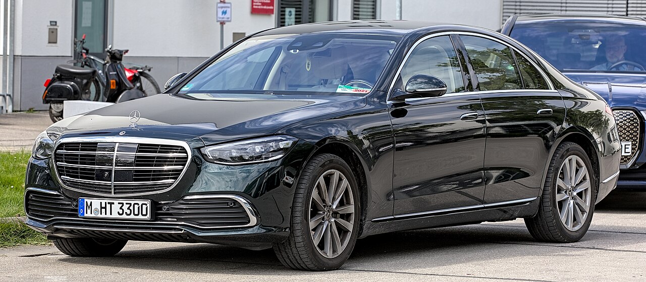 Black W223 Mercedes-Benz S-Class, front three-quarter view