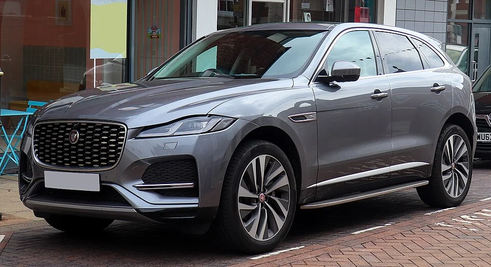 Front exterior — 2021 Jaguar F-Pace diesel HSE photographed in the UK; facelift body reference only, not the U.S. gasoline powertrain discussed.