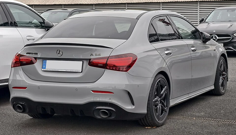 Rear exterior — Mercedes-AMG A35 V177 facelift sedan photographed in Europe; not the hatchback body style.