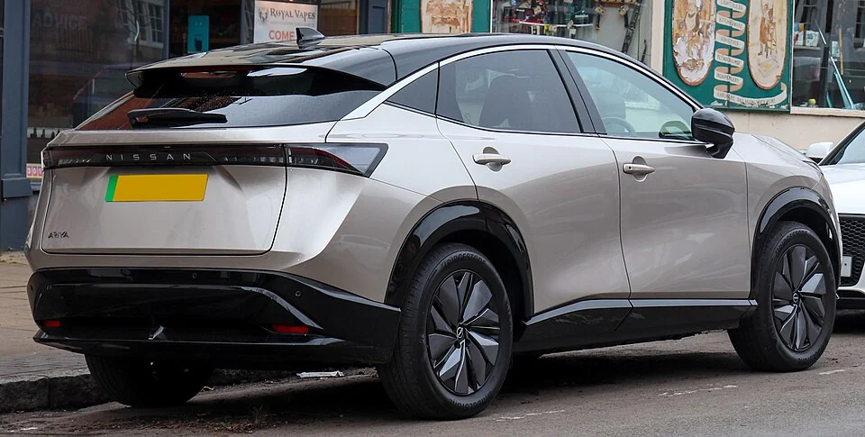 Rear exterior — 2023 Nissan Ariya Advance photographed in the UK; body reference only, not a U.S. MY2024 trim specification.