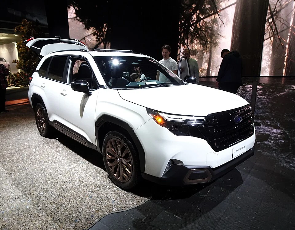 Front exterior — 2025 Subaru Forester Sport at a U.S. auto show; sixth-generation gasoline model, with Sport-specific equipment.