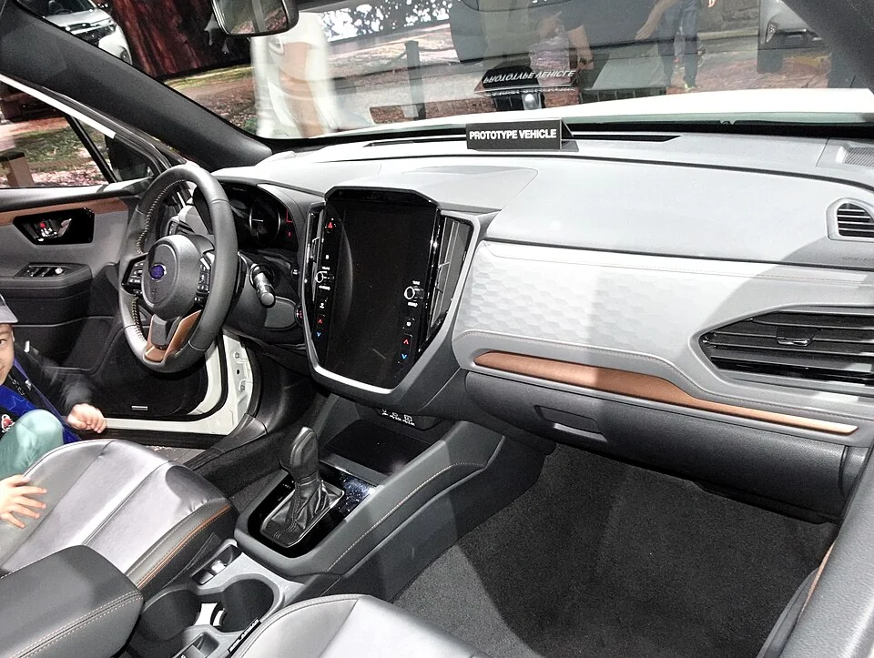 Interior — 2025 Subaru Forester Sport at a U.S. auto show; sixth-generation gasoline model, with Sport-specific equipment.