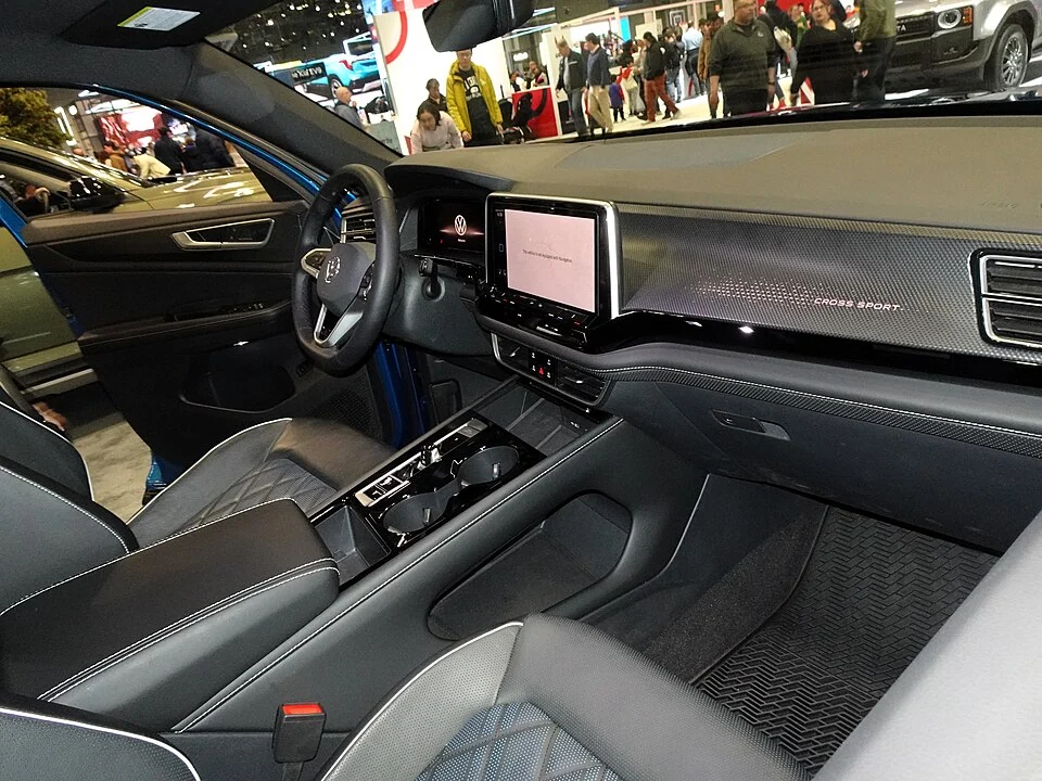 Interior — 2024 Atlas Cross Sport SEL R-Line at a U.S. auto show; equipment shown is trim-specific.
