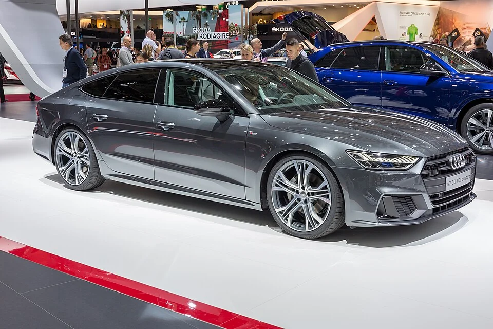 Front exterior — Second-generation Audi A7 shown at the 2018 Paris and Geneva shows; launch-era body reference, with display-car equipment.