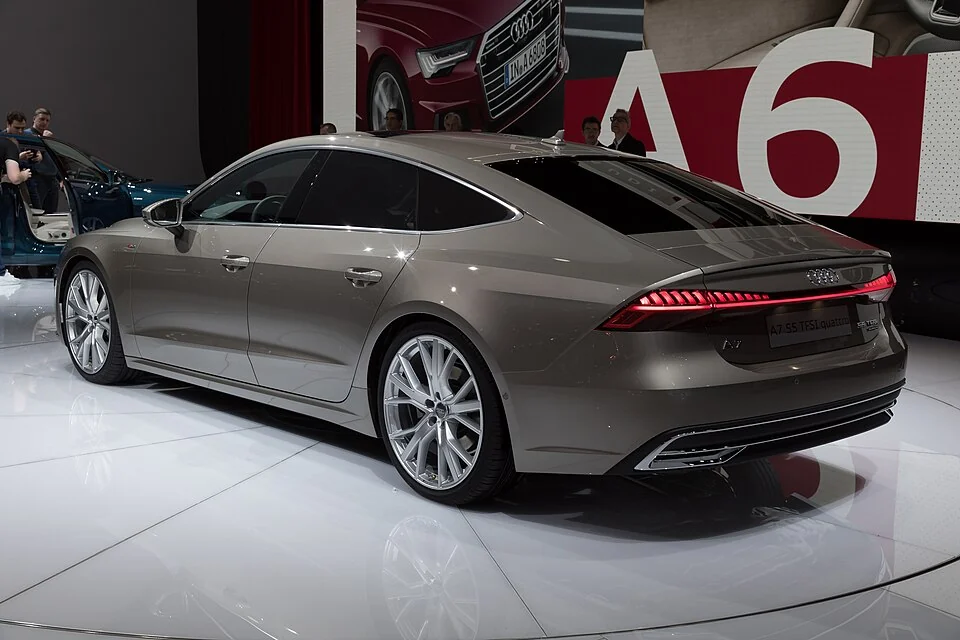 Rear exterior — Second-generation Audi A7 shown at the 2018 Paris and Geneva shows; launch-era body reference, with display-car equipment.
