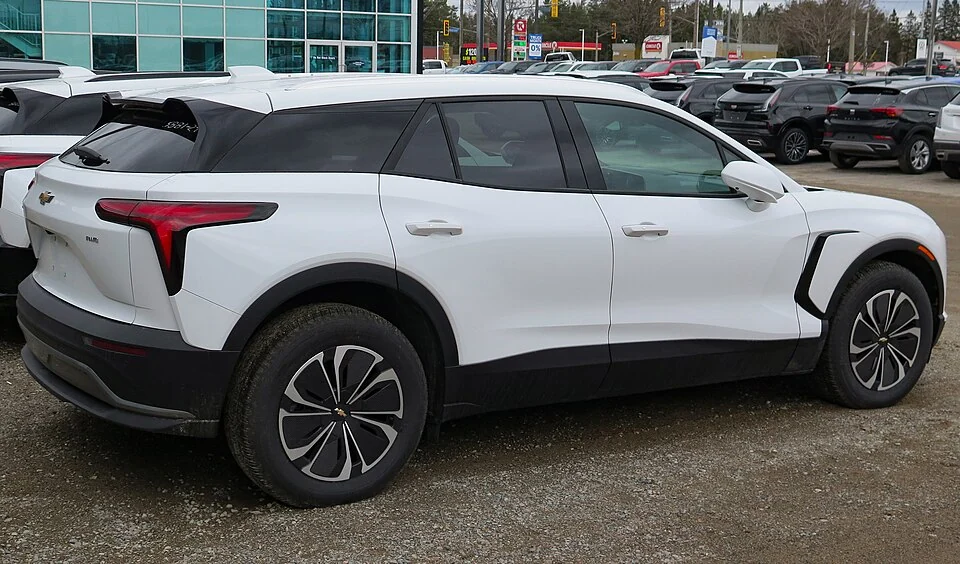 Rear exterior — 2024 Chevrolet Blazer EV 2LT AWD photographed in Canada; earlier body reference, not evidence of every U.S. MY2025 battery or charging configuration.