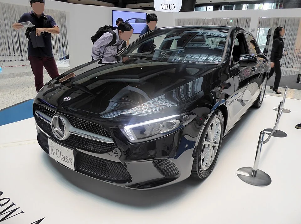 Front exterior — Mercedes-Benz A180 W177 photographed in Japan; pre-facelift body reference, not a photograph of the October 2022 facelift or its 48-volt system.