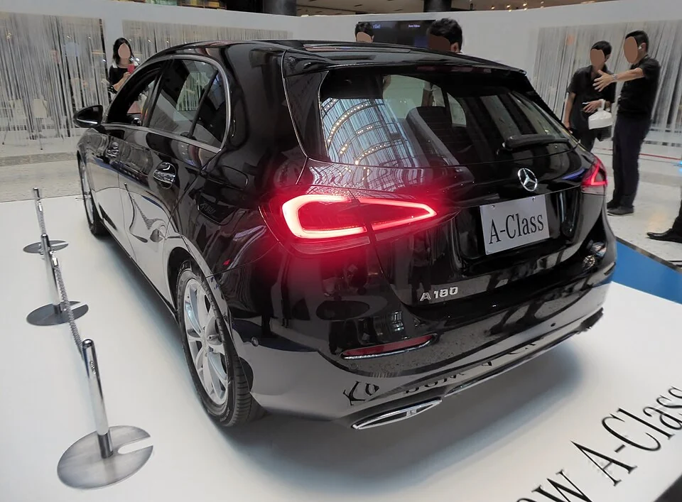 Rear exterior — Mercedes-Benz A180 W177 photographed in Japan; pre-facelift body reference, not a photograph of the October 2022 facelift or its 48-volt system.